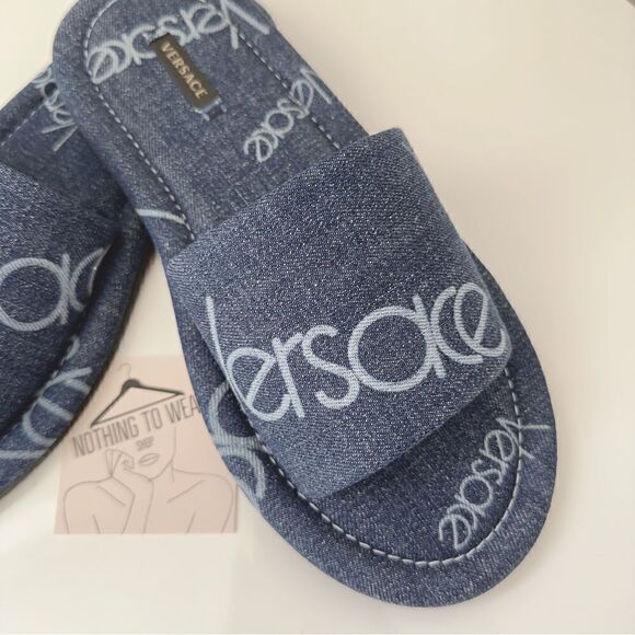 ⭕️ VERSACE Denim Slippers Sandals Blue Logo Women’s Designer 8.5 - Picture 6 of 9
